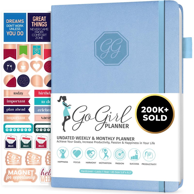 GoGirl Planner and Organizer for Women â€“ Compact Size Weekly Planner, Goals Journal & Agenda to Improve Time Management, Productivity & Live Happier. Undated â€“ Start Anytime, Lasts 1 Year â€“ Light Blue - Image 1